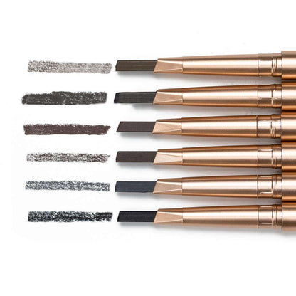 Assorted eyebrow pencils with multiple brown and gray swatches, showing pencil tips