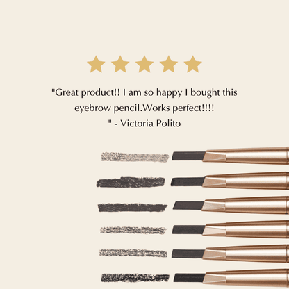 Assorted eyebrow pencil shades with visible swatches and capped pencils lined up.