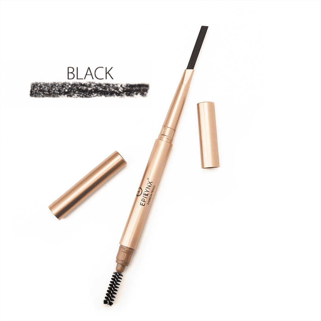 Epilynx brow-defining eyebrow pencil in black with swatch and capped pencil case.