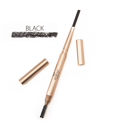 Epilynx brow-defining eyebrow pencil in black with swatch and capped pencil case.