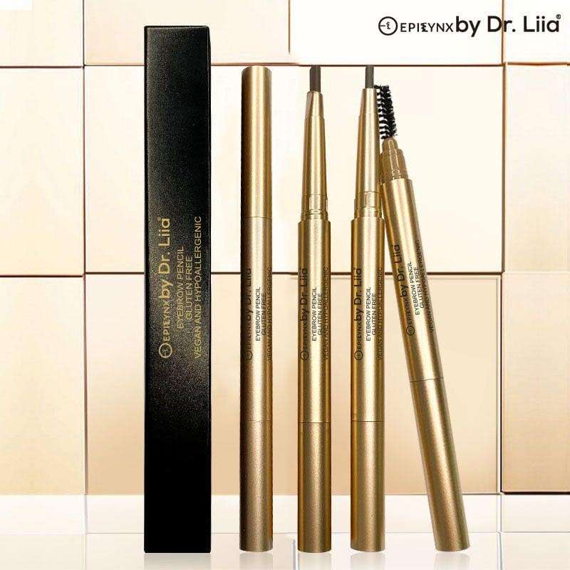 Dr. Lilia eyebrow pencils set with gold tubes, spoolie ends, and one black box