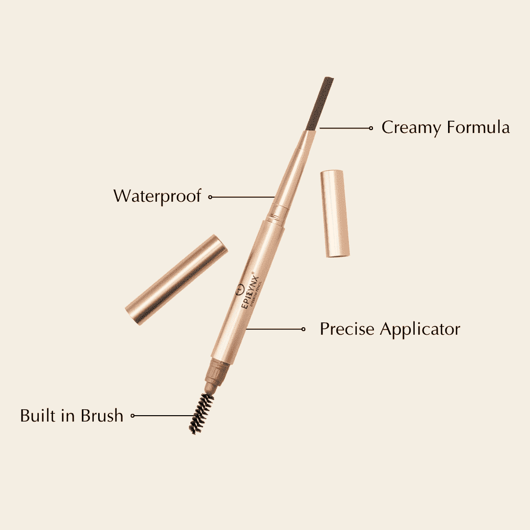 Epilynx eyebrow pencil with built-in brush tip and capped stick, product labeled callouts.