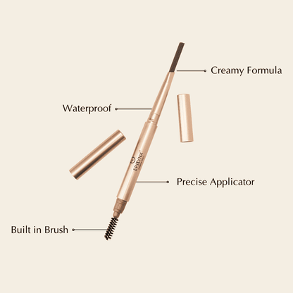 Epilynx eyebrow pencil with built-in brush tip and capped stick, product labeled callouts.