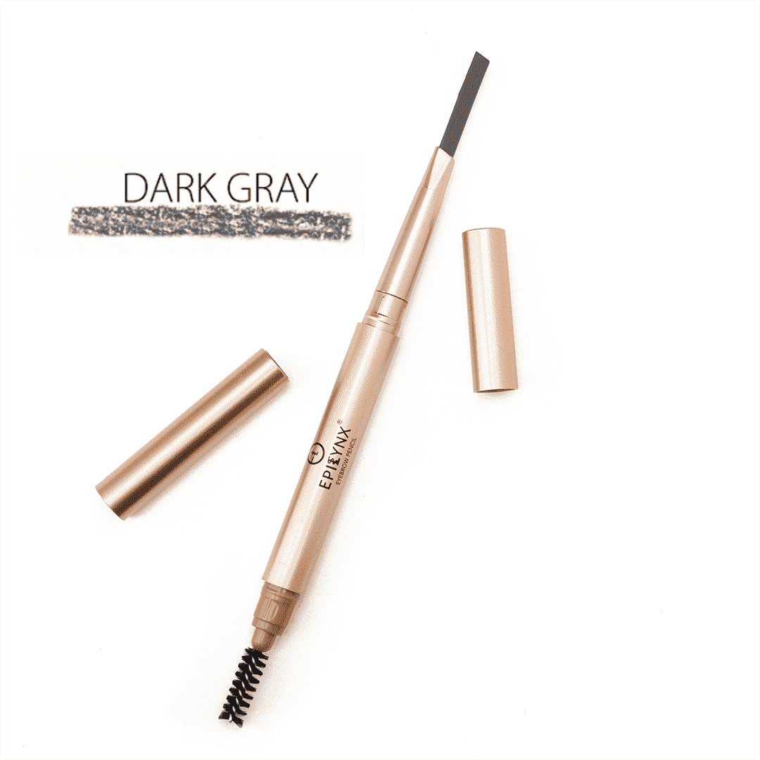 Epilynx brow-defining eyebrow pencil in dark gray with swatch and capped pencil case.
