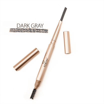 Epilynx brow-defining eyebrow pencil in dark gray with swatch and capped pencil case.