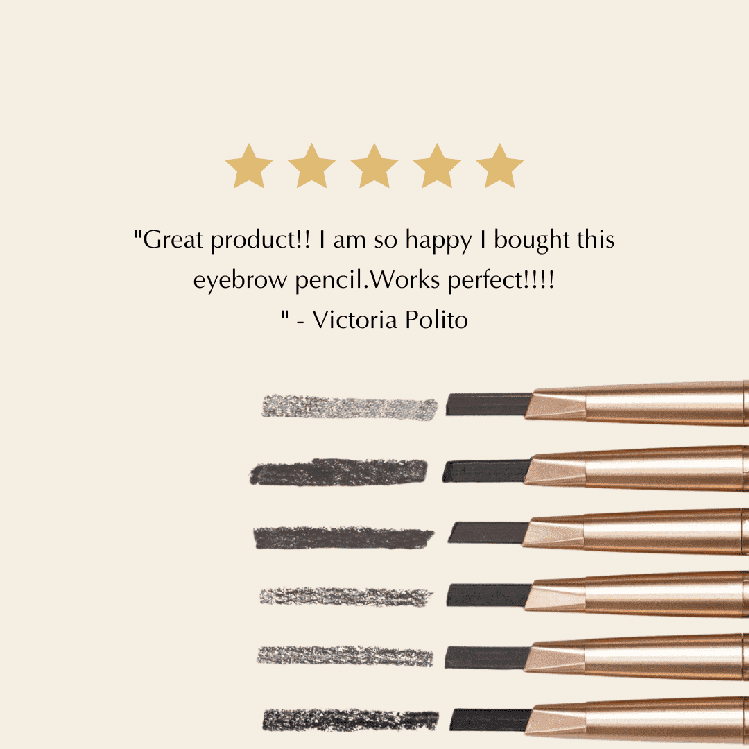 Assorted eyebrow pencil shades with visible swatches and capped pencils lined up.