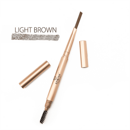 Light-brown eyebrow pencil with spoolie brush, retractable tip, and soft swatch