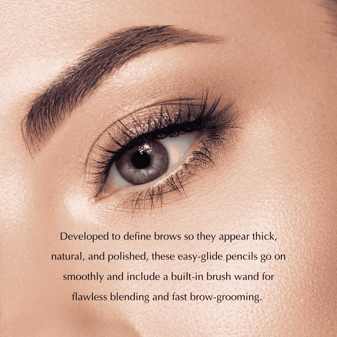 Defined eyebrow with polished makeup finish over one eye area.