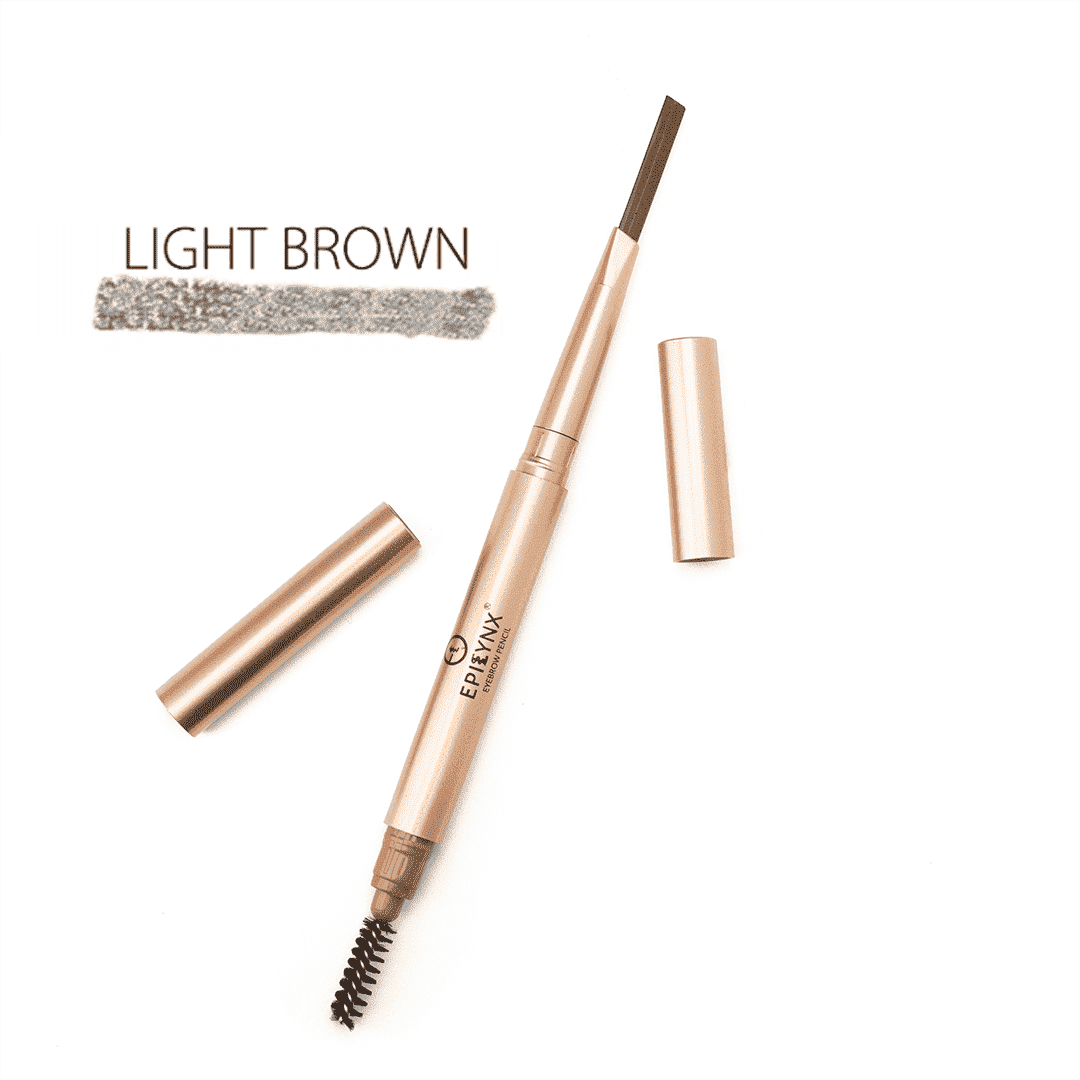Light-brown eyebrow pencil with spoolie brush, retractable tip, and soft swatch