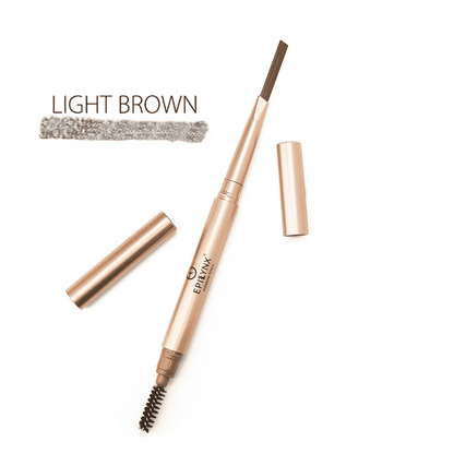 Light-brown eyebrow pencil with spoolie brush, retractable tip, and soft swatch