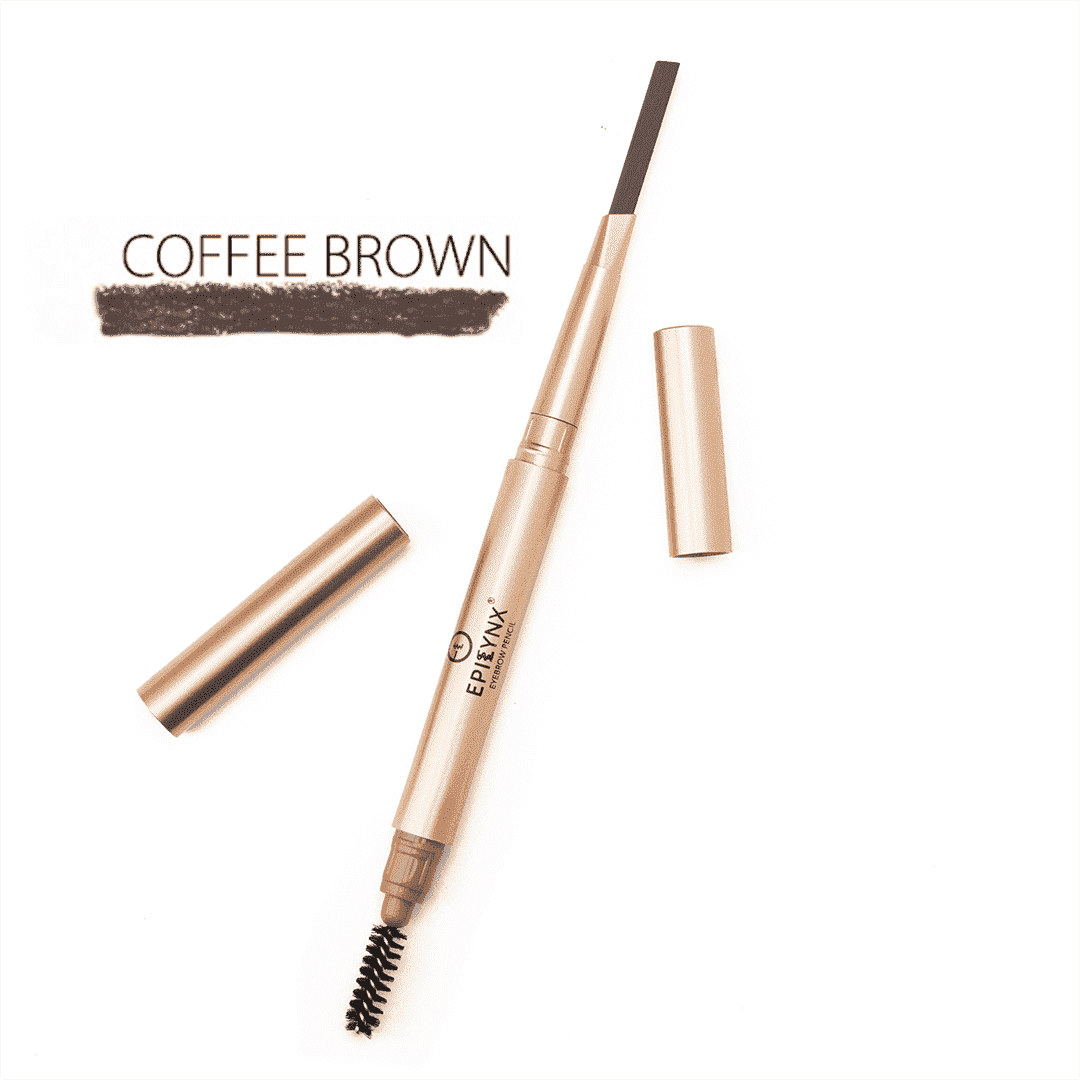 Coffee-brown eyebrow pencil with spoolie brush, retractable tip, and dark swatch