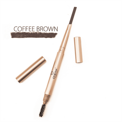Coffee-brown eyebrow pencil with spoolie brush, retractable tip, and dark swatch