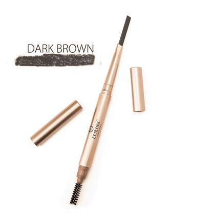 Dark-brown eyebrow pencil with spoolie brush, retractable tip, and filled swatch