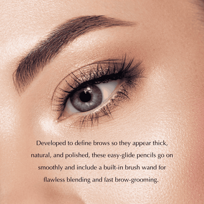 Defined eyebrow with polished makeup finish over one eye area.