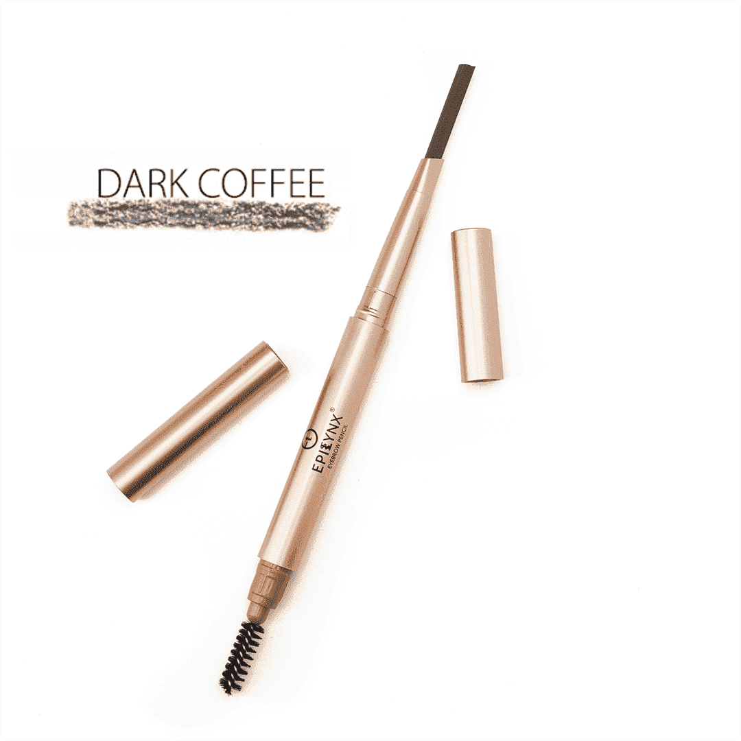 Epilynx brow-defining eyebrow pencil in dark coffee with swatch and capped pencil case.
