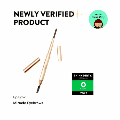 Epilynx miracle eyebrow pencils with swatches, caps off and caps shown.