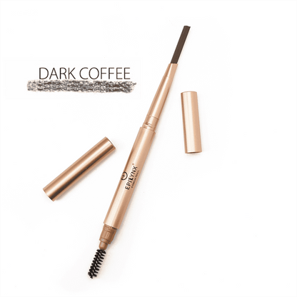 Epilynx brow-defining eyebrow pencil in dark coffee with swatch and capped pencil case.