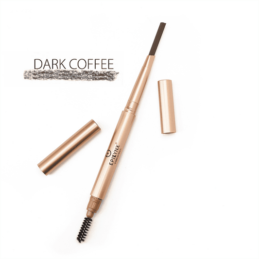 Epilynx brow-defining eyebrow pencil in dark coffee with swatch and capped pencil case.
