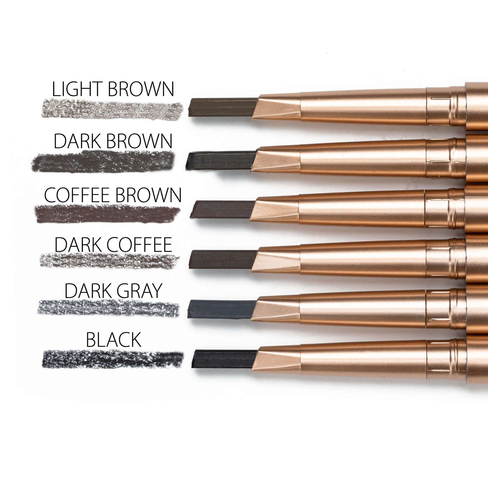 Brow-defining eyebrow pencils set with multiple shades and color swatches, capped tips shown.