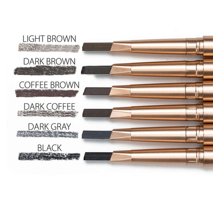 Brow-defining eyebrow pencils set with multiple shades and color swatches, capped tips shown.