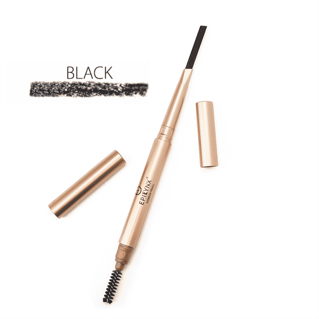 Epilynx brow-defining eyebrow pencil in black with swatch and capped pencil case.