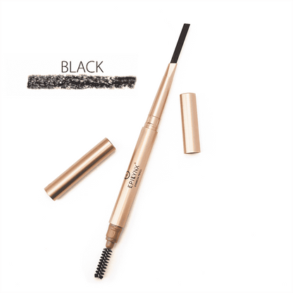 Epilynx brow-defining eyebrow pencil in black with swatch and capped pencil case.