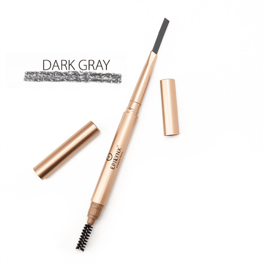 Epilynx brow-defining eyebrow pencil in dark gray with swatch and capped pencil case.