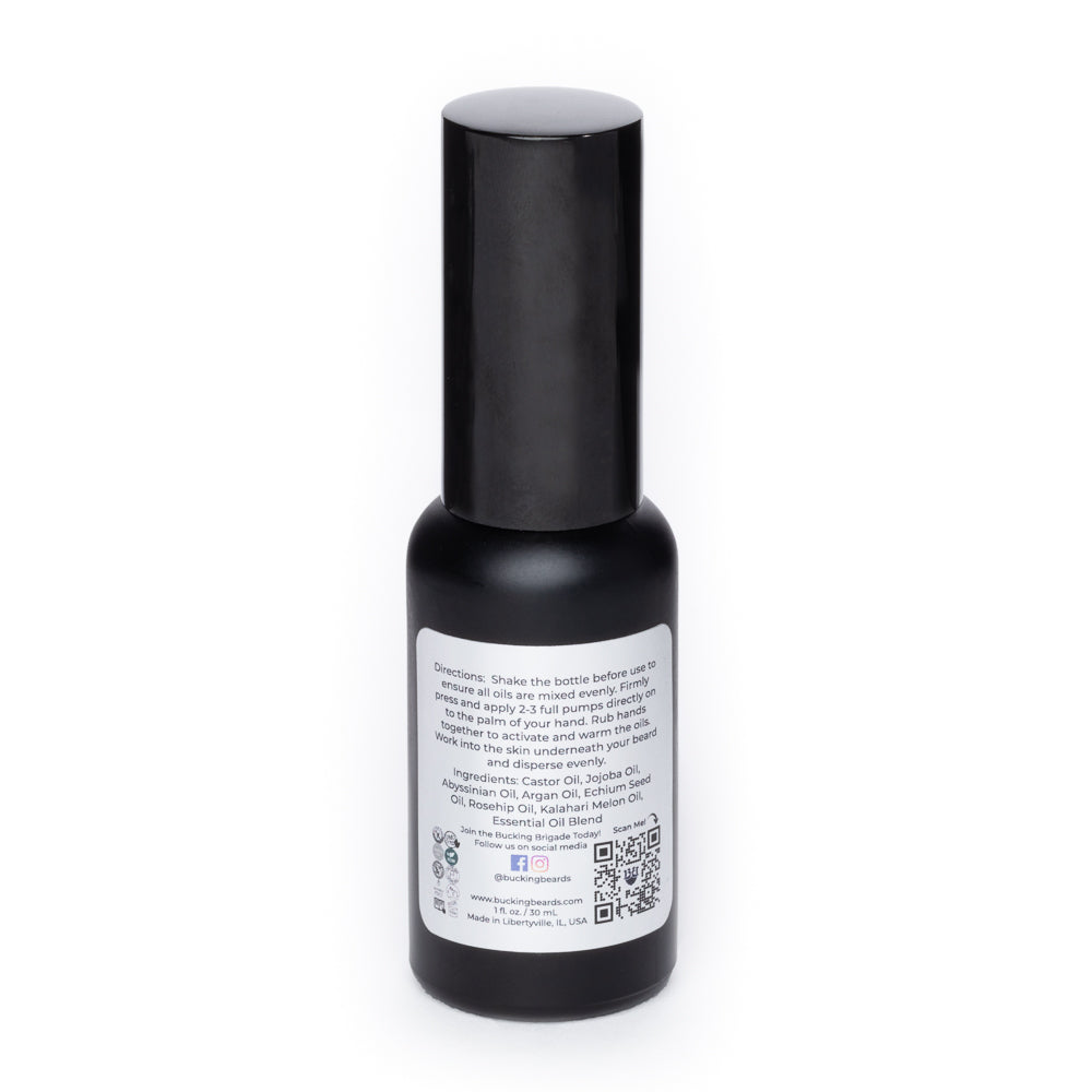 Beard oil bottle with back label and black cap