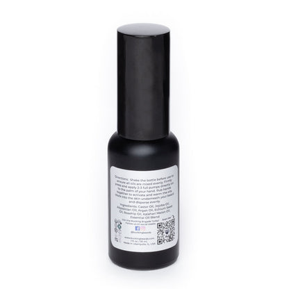 Beard oil bottle with back label and black cap