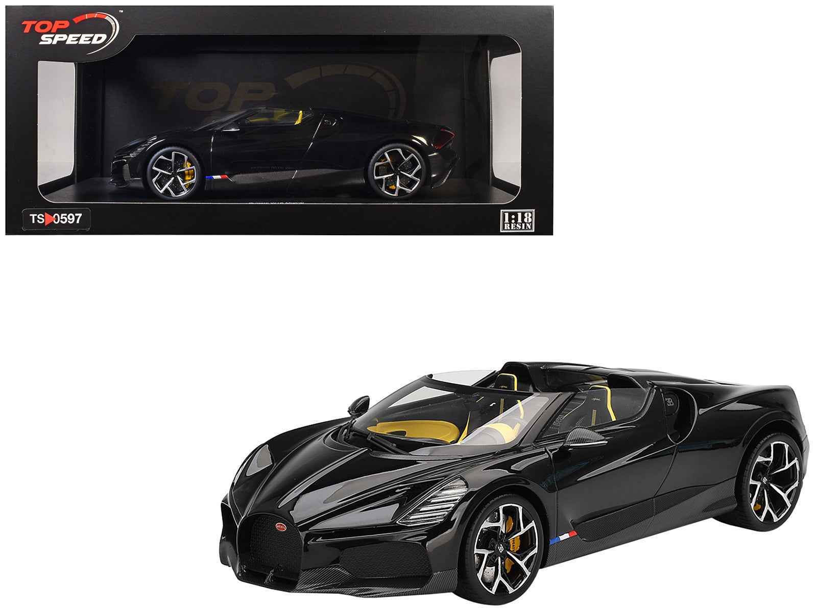 Bugatti W16 Mistral Black with Yellow Interior 1/18 Model Car by Top Speed Cartsfy Inc.