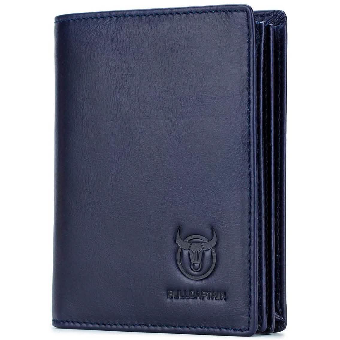 Blue genuine leather bifold wallet with Bullcaptain logo and stitched trim
