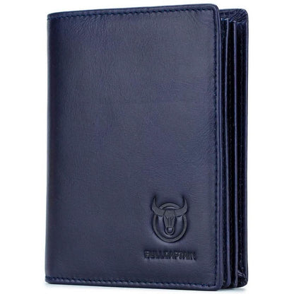 Blue genuine leather bifold wallet with Bullcaptain logo and stitched trim