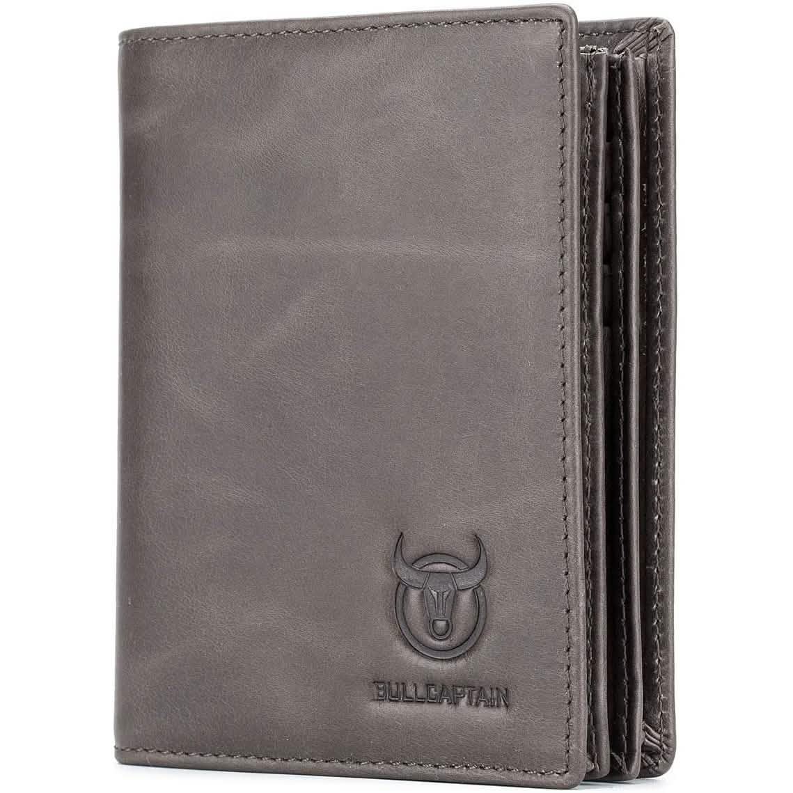 Brown genuine leather bifold wallet with Bullcaptain logo and stitched edges