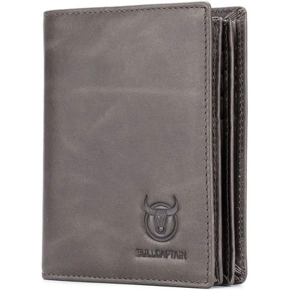 Brown genuine leather bifold wallet with Bullcaptain logo and stitched edges