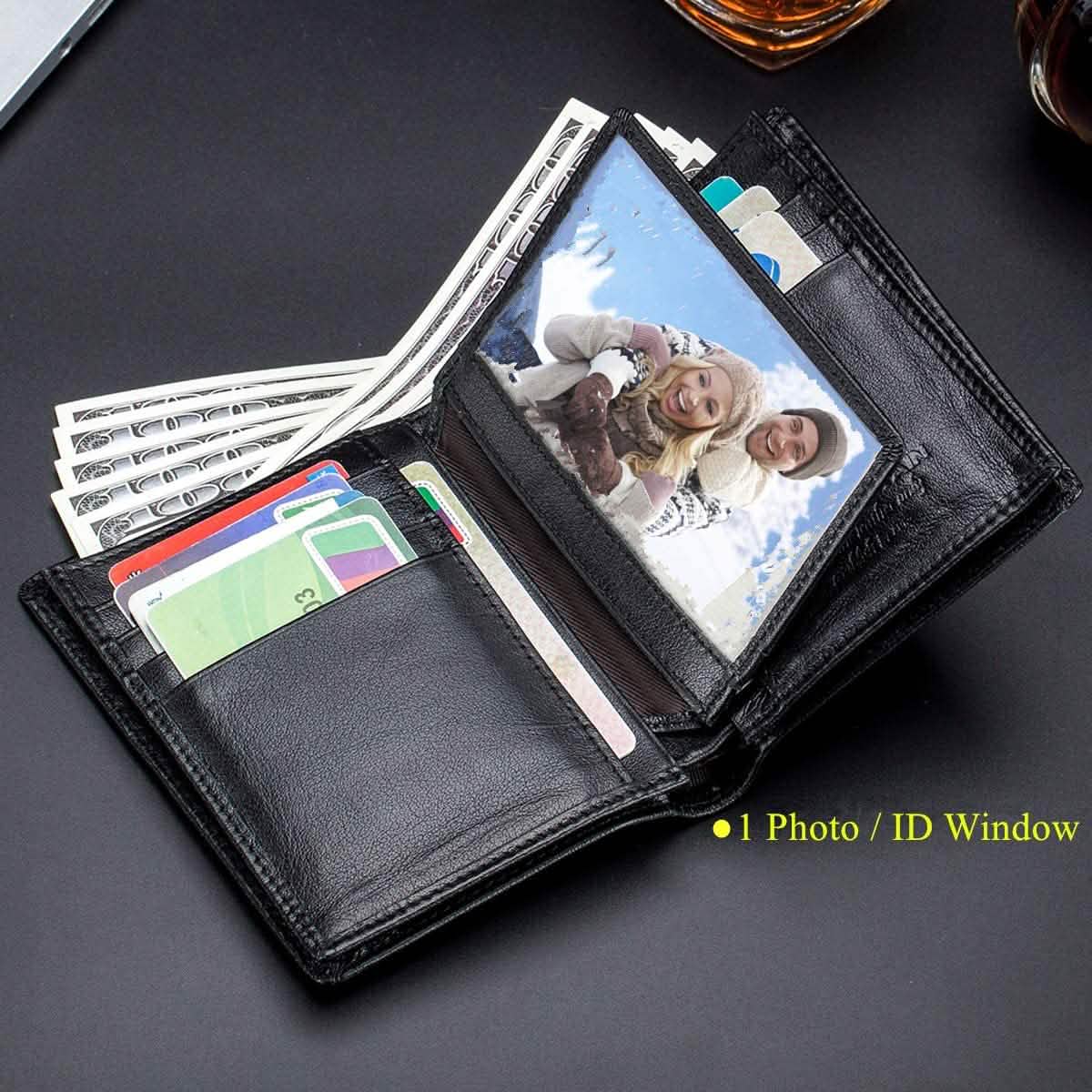 Black genuine leather bifold wallet with ID photo window and card slots