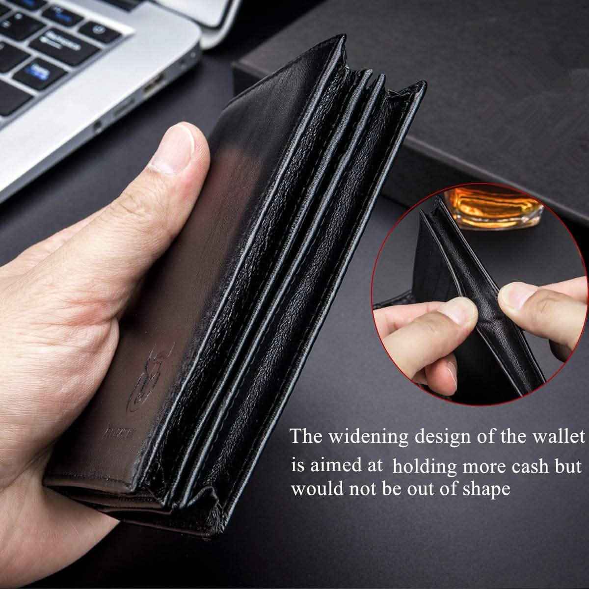Black genuine leather bifold wallet opened to show interior card slots