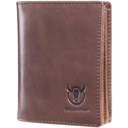 Light brown genuine leather bifold wallet with Bullcaptain logo and stitched edges
