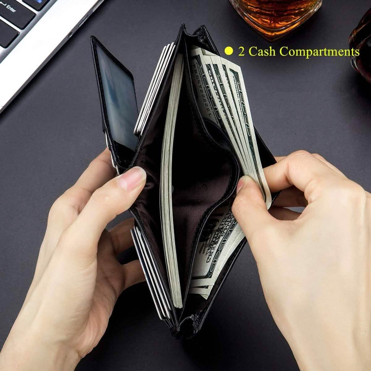 Black genuine leather bifold wallet open, showing cash compartments