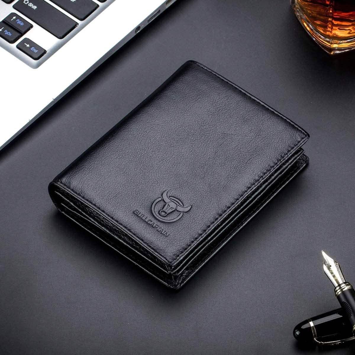 Black genuine leather bifold wallet with Bullcaptain logo on front