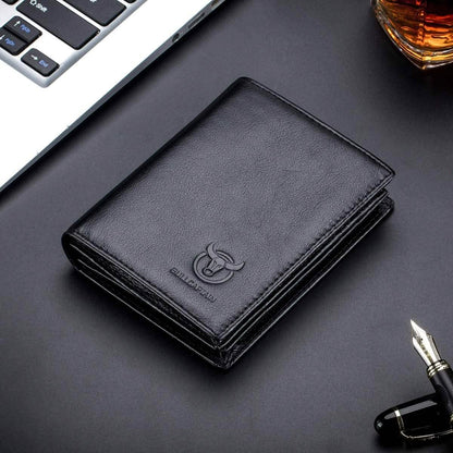 Black genuine leather bifold wallet with Bullcaptain logo on front