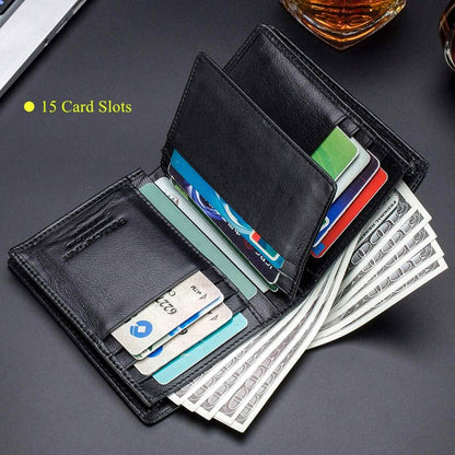 Black genuine leather bifold wallet with card slots holding multiple cards