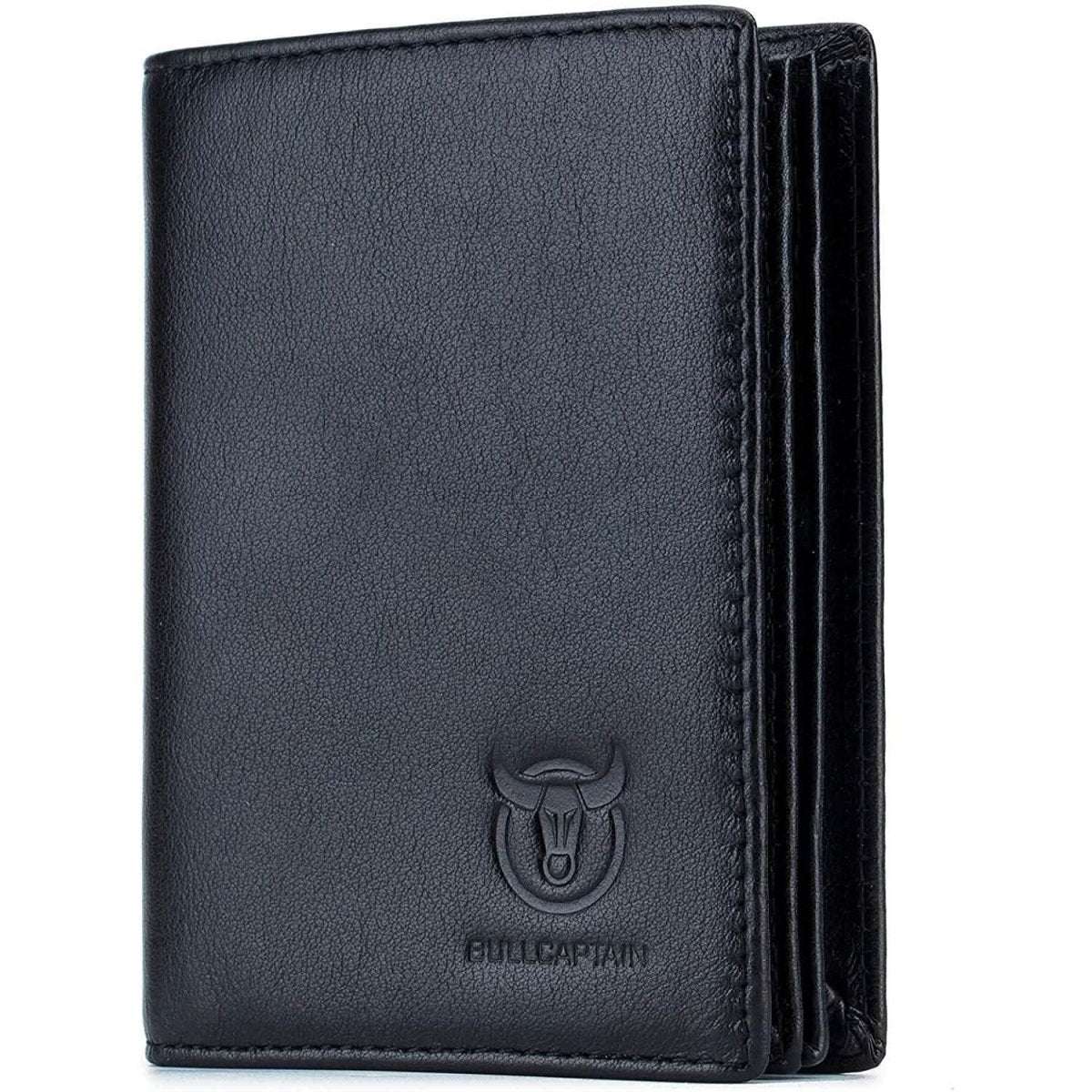 Black genuine leather bifold wallet with Bullcaptain logo, stitched edges