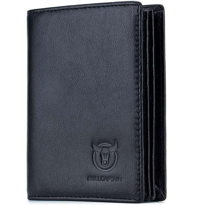 Black genuine leather bifold wallet with Bullcaptain logo, stitched edges