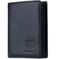 Black genuine leather bifold wallet with Bullcaptain logo, stitched edges