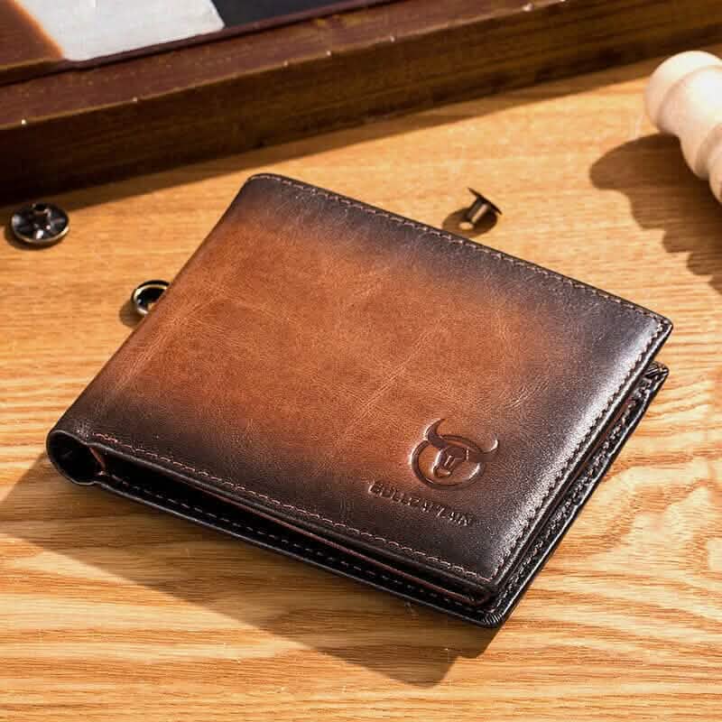 Men's brown leather wallet with embossed logo and stitched edge, closed