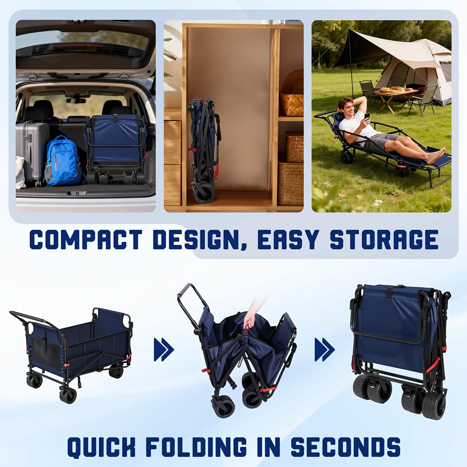 Compact folding wagon cart chair with removable seat frame and caster wheels