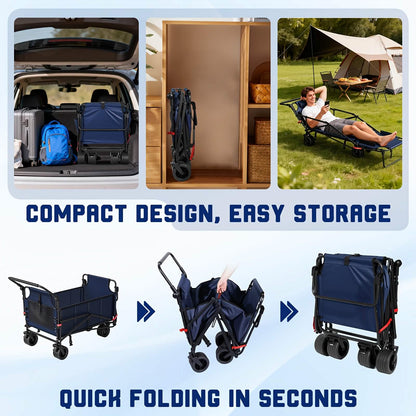 Compact folding wagon cart chair with removable seat frame and caster wheels