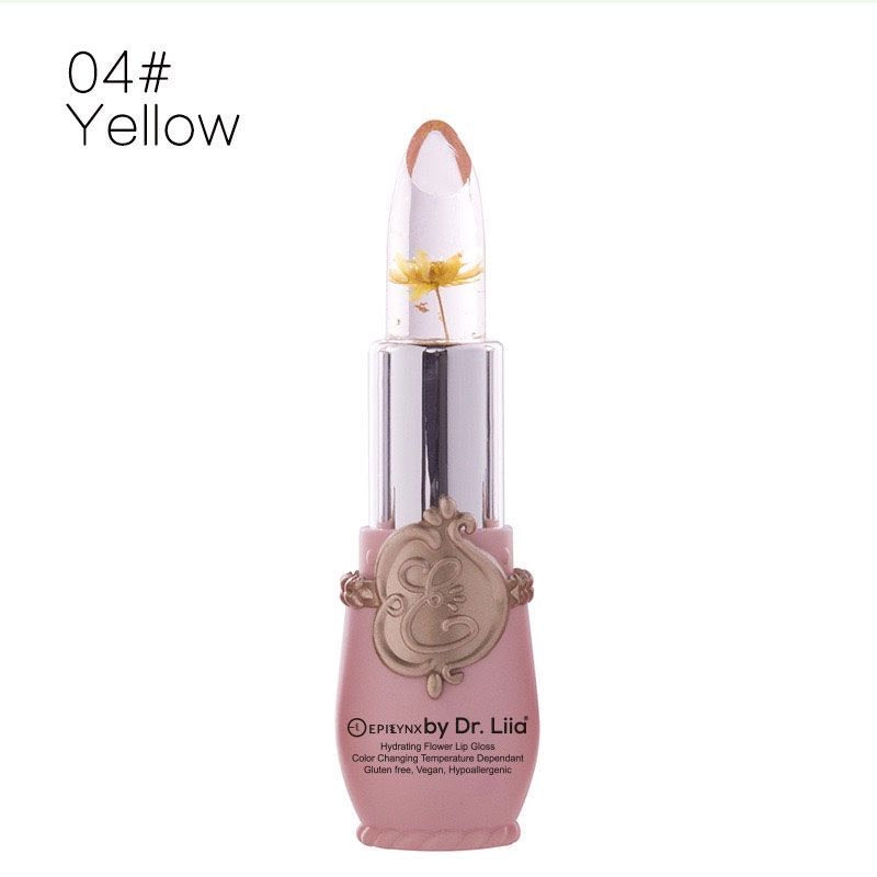 Color-changing flower lip gloss in yellow, clear cap with flower-tip and gold-tone base