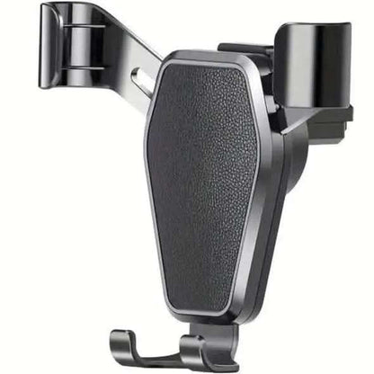 Car phone holder with hinged vent clip and dark textured cradle