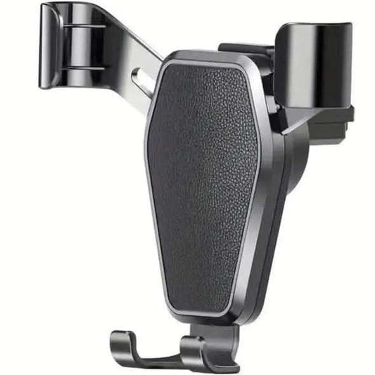 Car phone holder with hinged vent clip and dark textured cradle